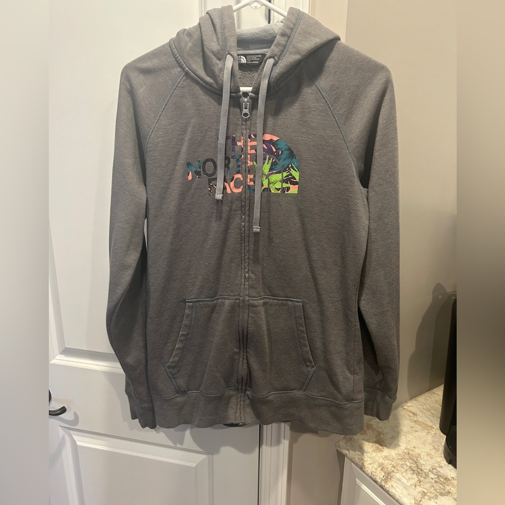 The North Face Womens large Gray Full Zip Hoodie Sweatshirt Tropical Print Logo